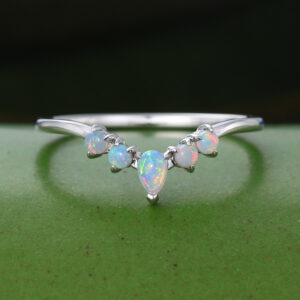 Gardensring Curved Opal Wedding band vintage 14K white gold Pear shaped wedding band women Unique stacking matching anniversary Bridal ring for her