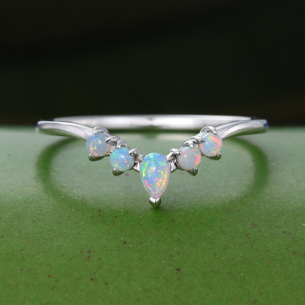 Gardensring Curved Opal Wedding band vintage 14K white gold Pear shaped wedding band women Unique stacking matching anniversary Bridal ring for her