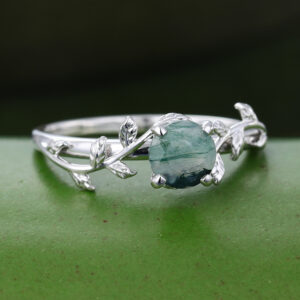 Gardensring White Gold Round Cut Moss Agate Engagement Ring -2