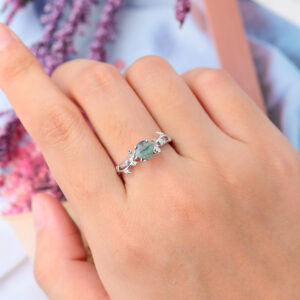 Gardensring White Gold Round Cut Moss Agate Engagement Ring -3