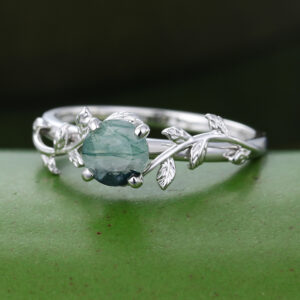 Gardensring White Gold Round Cut Moss Agate Engagement Ring -4