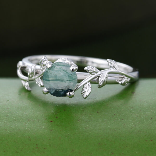 Gardensring White Gold Round Cut Moss Agate Engagement Ring -4